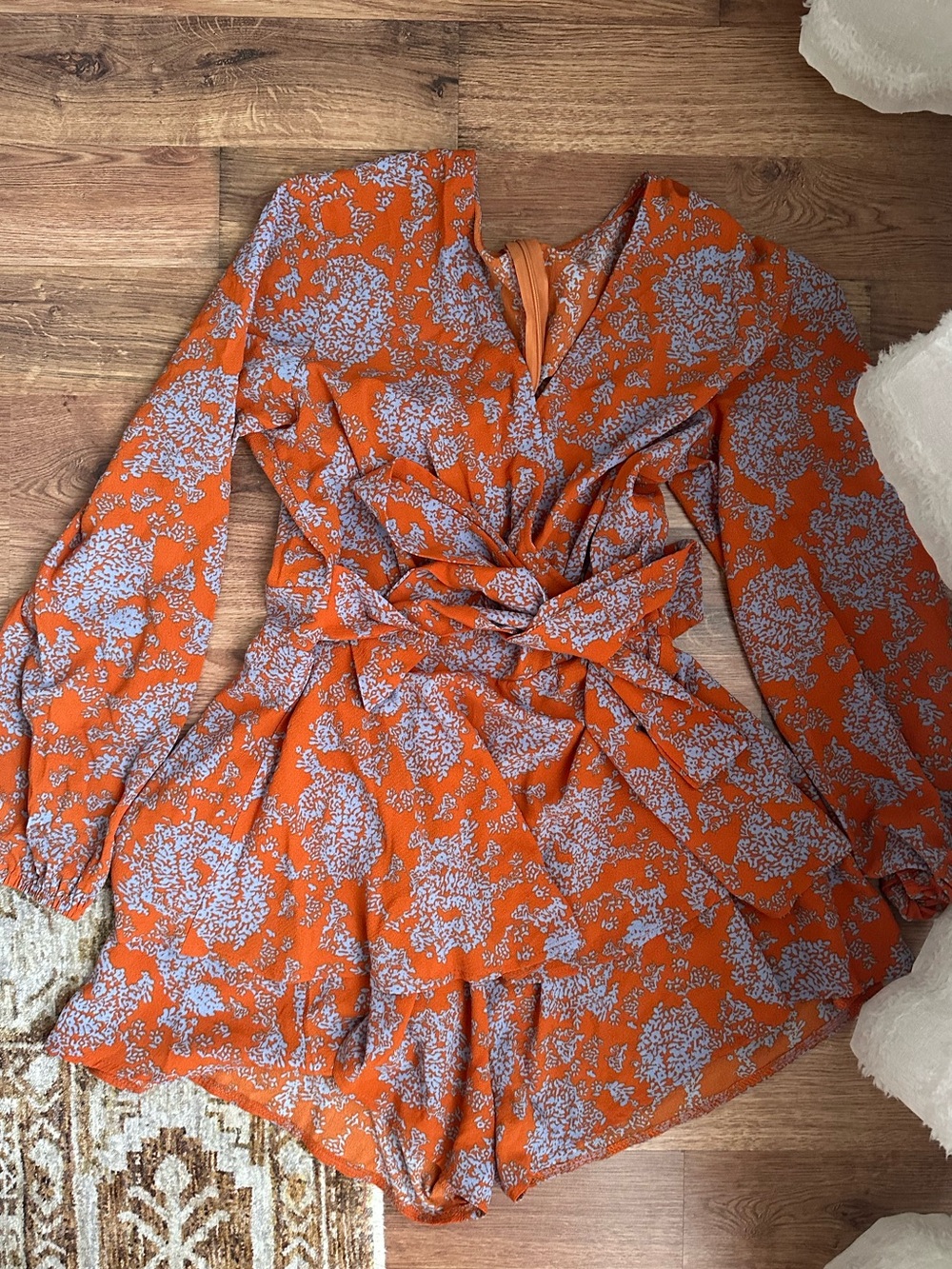 Orange Floral Tie-Waist Long Sleeve Romper No brand tag